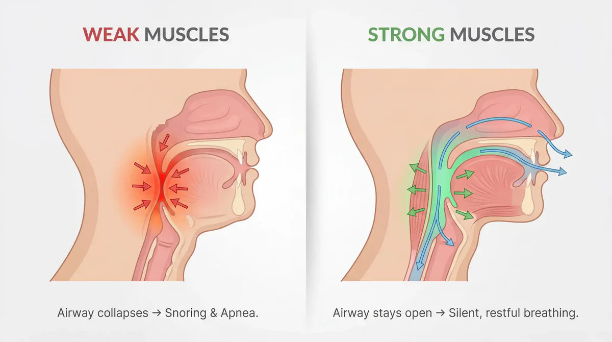 Side view of the throat: relaxed tissue narrowing the airway compared with an open airway