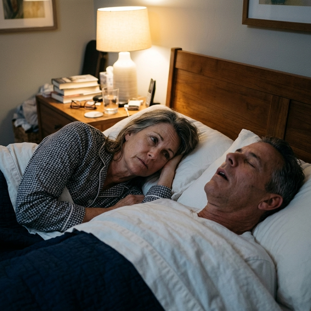 A woman lies awake in bed, staring at the ceiling, while her husband snores beside her