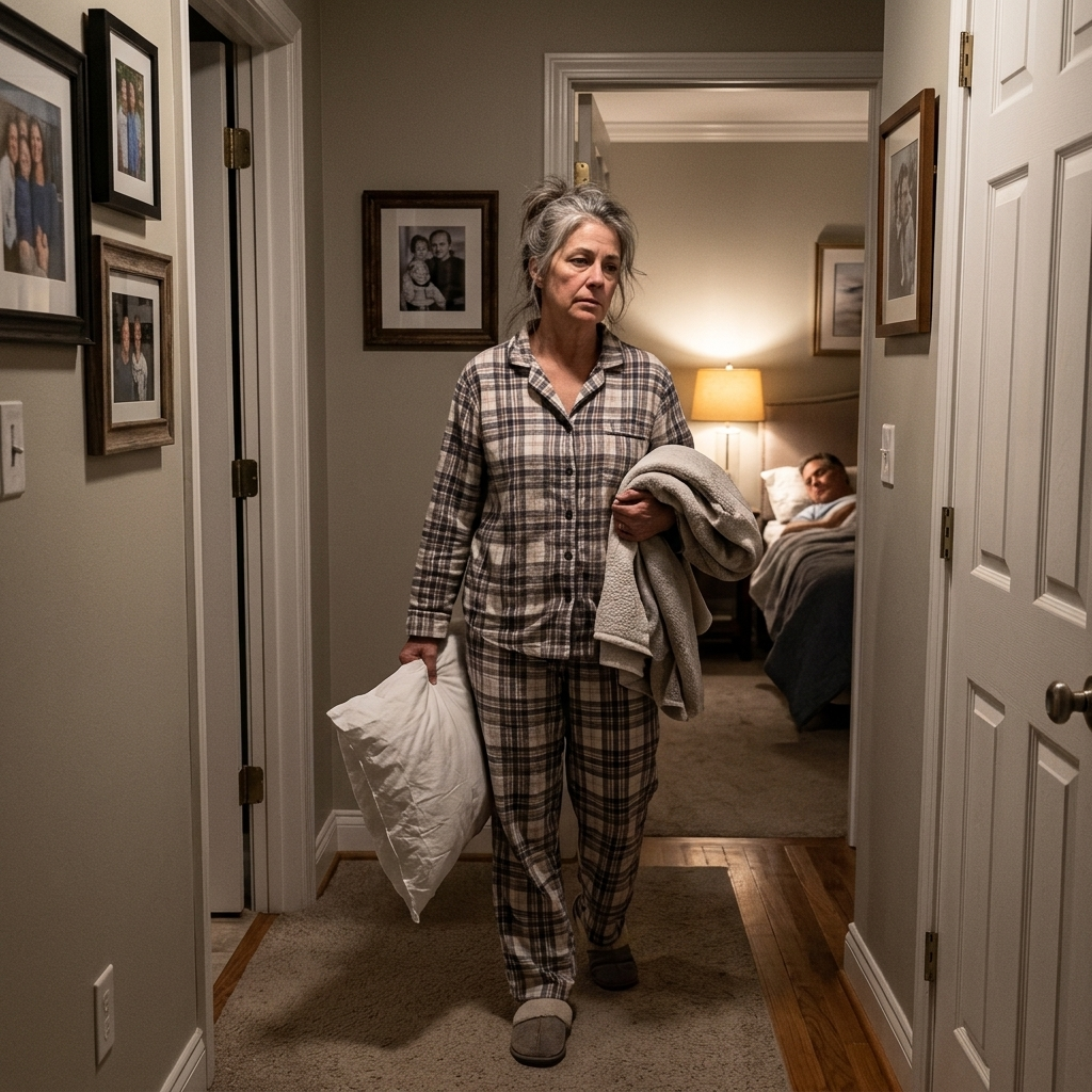 A woman in plaid pajamas carries her pillow and blanket down the hallway while her husband sleeps in the lit bedroom behind her