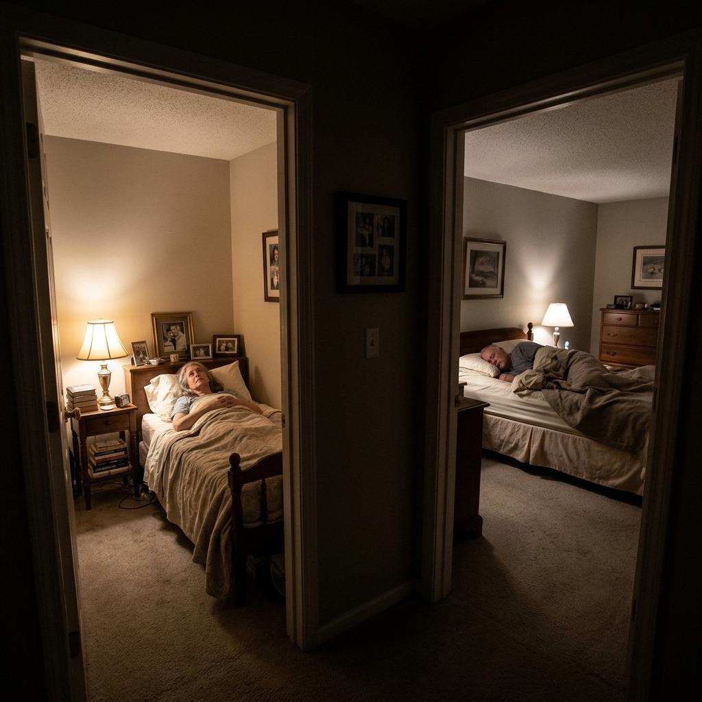 Two bedrooms seen from a dark hallway: she lies awake in one while he sleeps in the other