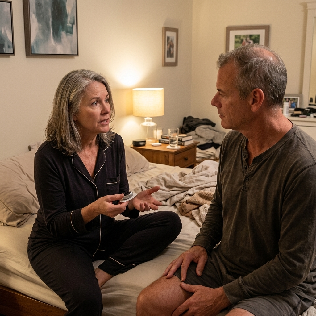 A woman sits on the bed and talks it through with her husband