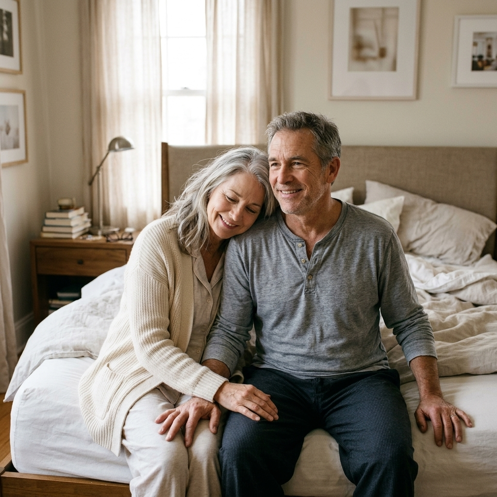 A smiling couple sitting close together on their bed in soft morning light