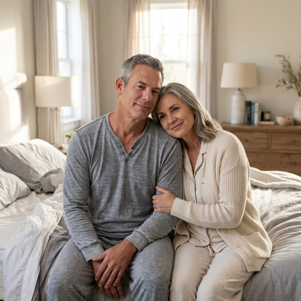 A smiling couple sitting close together on their bed in the morning light