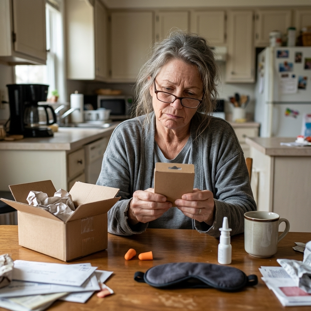 A woman at her kitchen table squints at a small product box, surrounded by earplugs, a nasal spray and a sleep mask