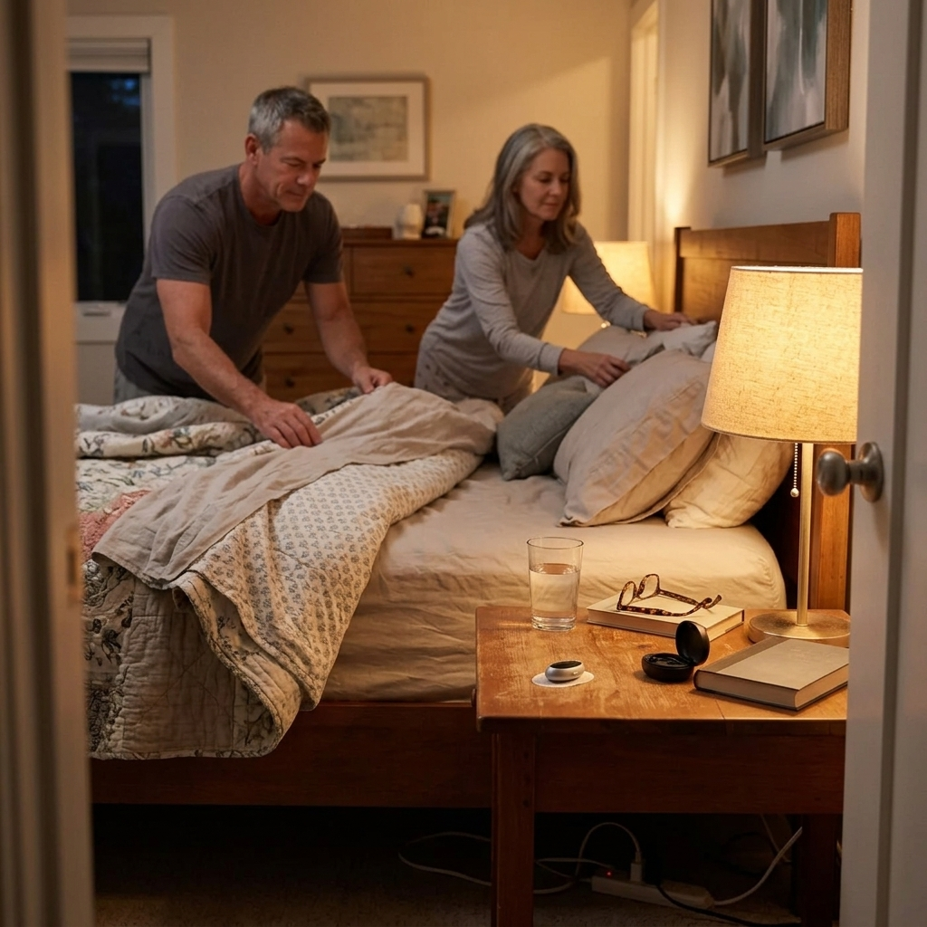 A couple makes the bed together, with a small device and its case on the nightstand